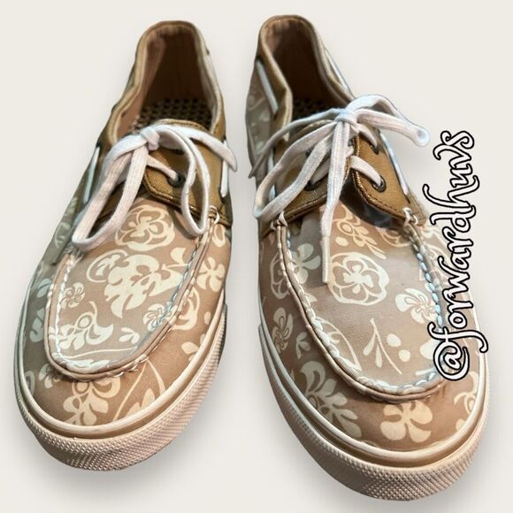 Sperry Top-Sider Tan & Cream Floral Print Boat Shoes Size 11 - Picture 1 of 11